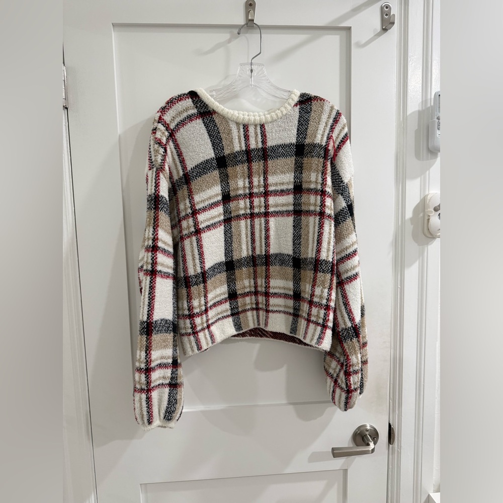 Z Supply multicolor plaid thick fuzzy cropped puff sleeve sweater (fair)